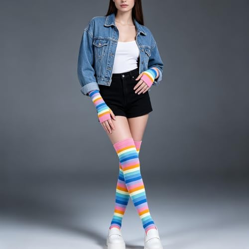 Image of YELAIVP Over Knee Rainbow Thigh High Socks Gloves Set Cosplay Accessories Arm Leg Warmers for Girls