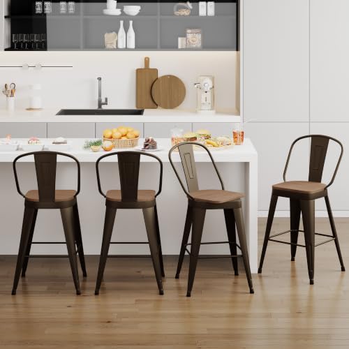Butacos giratorios de bar de 24 pulgadas, juego de 4 sillas de altura para mostrador con estructura metálica y asiento de madera, estilo granja moderna para isla de cocina o comedor miniatura 3