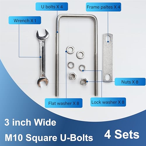 Image of 4 Pcs M10 Square U Bolts 3 Inch Wide, 3 /8 inch x 3 inchW x 7 inch L | 304 Stainless U Bolt Heavy Duty with Nuts,Bolt Plate and Washers,Square U Bolts 3 inch Wide,Metric bolts