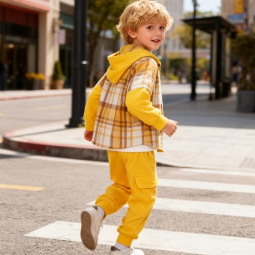 Image of OLMRJKD Toddler Baby Boy Clothes Plaid Long Sleeve Hoodie Sweatshirt + Pants 2pcs Boys Outfit Set