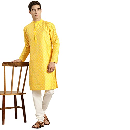 Image of SOJANYA, Men's Silk Blend NavyBlue Kurta with Multi Color Embroidery and Off-White Pyjama