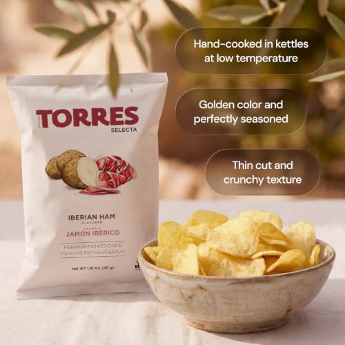 Image of TORRES Iberian Ham Selecta Gourmet Potato Chips - Small Batch Artisan Kettle Chips - 4.41 oz. (Pack of 10)