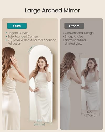 Image of SONGMICS Wide Jewelry Organizer, LED Jewelry Cabinet Wall /Door Mounted, Arched Mirror with Storage, Lockable, Rounded Corner, Interior Mirror, 3.9 x 16.5 x 55.1 Inches, Cloud White UJJC040WB01