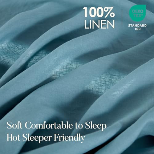 DAPU Pure Linen Sheets Set, 100% French Linen from Normandy, Breathable and Durable for Hot Sleepers, 4 Pcs Set - 1 Flat Sheet, 1 Fitted Sheet, 2 Pillowcases (Ocean, Queen)