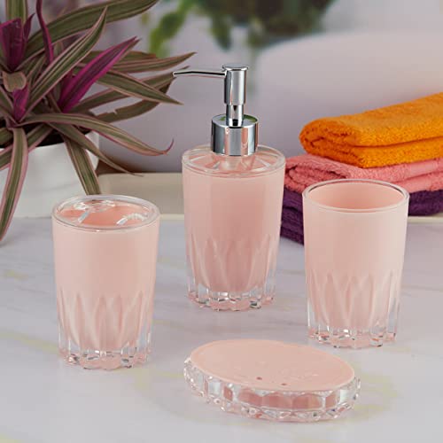 Image of Kookee Acrylic Bathroom Set - Stylish 4 Piece Bath Accessories Kit with Soap Dispenser, Toothbrush Holder, Tumbler & Soap Dish - Modern & Designer Decor for Home & Guest Bathrooms (8343)