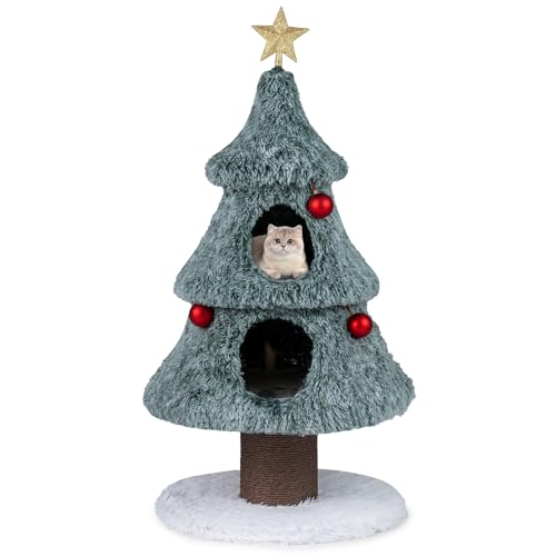 SOARS Kratzbaum Weihnachten, 123 cm Katzenbaum mit 2 Höhlen, Kratzsäule, 18 cm dickem Stamm, Hängebällen, Katzenkratzbaum Weihnachtsbaum,...