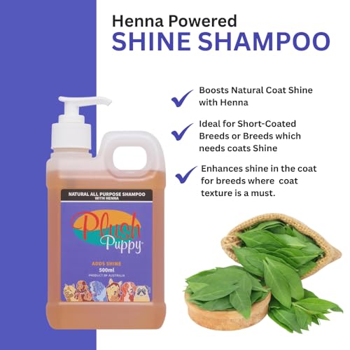 Image of PLUSH PUPPY Shampoo for Cats and Dogs - Ideal for Short Coated Breeds, Enhances Shine, Maintains Skin Health, Paraben Free, No Artificial Fragrance, All Purpose Pet Shampoo with Henna (500 ml)