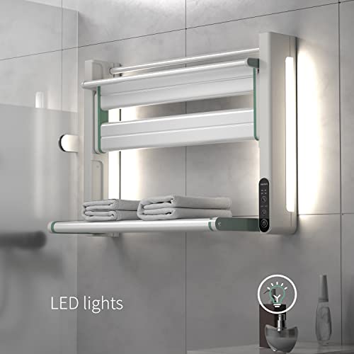 Cleesink Towel Warmer, Wall Mounted Heated Towel Rack With Built-In Timer, Adjustable Temperature, Foldable Aluminum Alloy Electric Towel Warmers For Bathroom, Hot Drying Towel Racks,White Green #TOP3