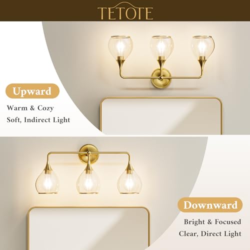 Image of TETOTE 2-Light Modern Bathroom Light Fixtures, 2 Light Vanity Lights Over Mirror Gold Wall Lamp with Clear Glass for Bathroom, Mirror, Living Room, Bedroom, Hallway