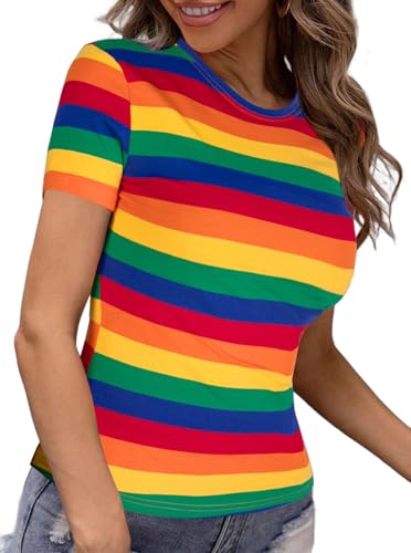 LilyCoco Womens Rainbow Striped Shirt Short Sleeve Colorblock Tops Crew Neck Fitted Tshirts3
