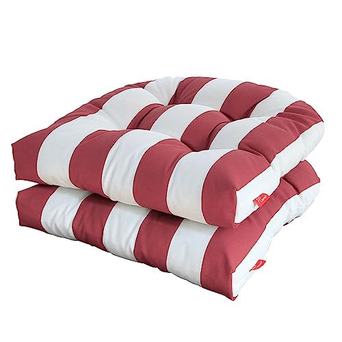 PcinfunsOutdoor Seat Cushions,19"x19"x5" Thick Fill Tufted Cushions with Round Corner Patio Chair Pads,Water-Resistant Chair Cushion,Red White,Set of 2