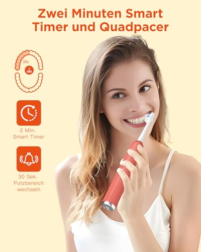 Elektrische Zahnbürste, Schallzahnbürste für Erwachsene und Kinder, Electric Toothbrush mit 5 Putzmodi 3 Intensitätsstufen Integrierter Timer und 8 Zahnbürstenköpfen, Reiseetui, Rosenrot – Bild 7
