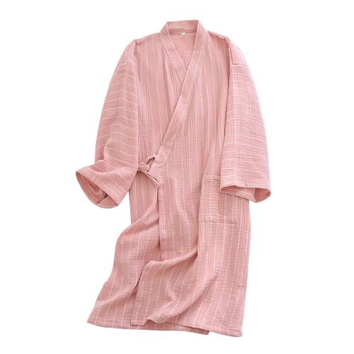 バスローブ パジャマ 介護 前開き メンズ青系 レディースピンク 綿素材 バスローブ 薄手 家庭用 リラックス 就寝 お風呂上がり 内外ひも (女ピンク,M)