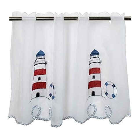 Delindo Lifestyle® Window Curtain Lighthouse for Kitchen, Bathroom and Children's Room, White Curtain with Nautical Motif, 45 x 85 cm, Modern and Transparent Bistro Curtain Cover
