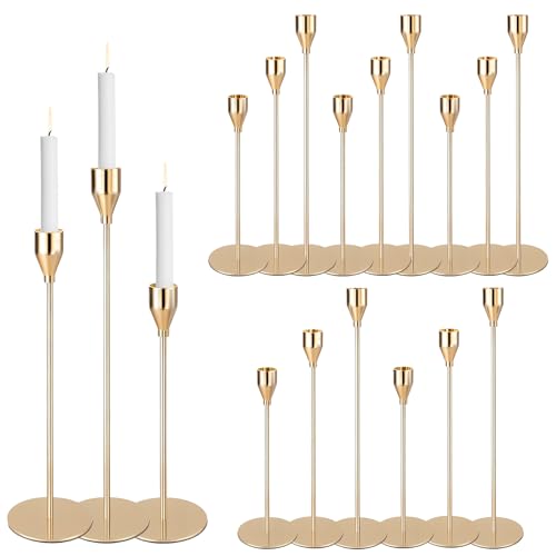 Gold Candlestick Holders Bulk, Decorative Taper Candles Holder Vintage Gold Candle Sticks Holders Modern Candles Stand Holders for Table, Wedding, Dinning, Christmas, Home Decor (Set of 18)