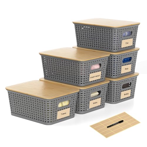 Wrrlors Plastic Storage Baskets with Bamboo Lids and Labels, Stackable Storage Containers, Storage Bins for Organizing Shelves Drawers Desktop Closets Office, 6 Packs-Gray
