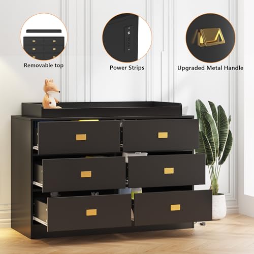 GarveeHome Dresser for Bedroom with 6 Drawers, Changing Table Dresser with Power Outlets, Soft Changing Pad & Removable Top, Baby Changing Table Top for Nursery - Black