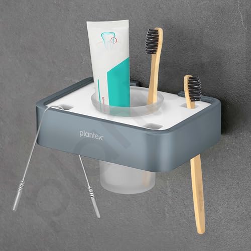 Image of Plantex Aluminium and Acrylic Toothbrush Holder /Tumbler Holder for Bathroom /Toothpaste /Razor Holder /Bathroom Accessories - (Grey and Milky White)