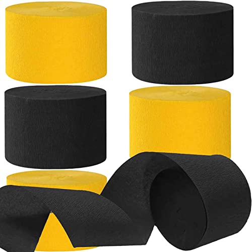 Image of We Moment Black and Yellow Crepe Paper Streamers Party Streamer 1.8 Inch Widening 6 Rolls,Black Yellow Party Decorations Streamer 82 feet per roll for Birthday Wedding Party Decorations