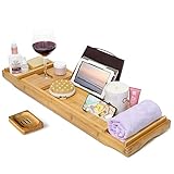 CINEYO Luxury Bamboo Bathtub Caddy Tray - Expandable Bath Table Over Tub with Wine Glass Book and Phone Holder and Free Soap Dish