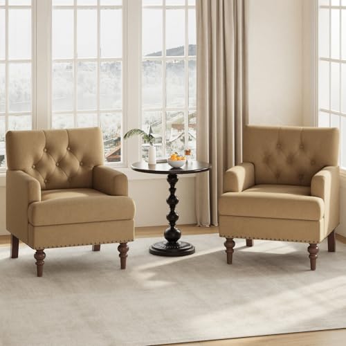 Image of MALOL Upholstered Accent Chair Set of 2, Comfy Reading Chair for Living Room, Mid Century Modern Armchair with Thick Cushion & Solid Rubberwood Legs, for Bedroom /Small Spaces, Brown
