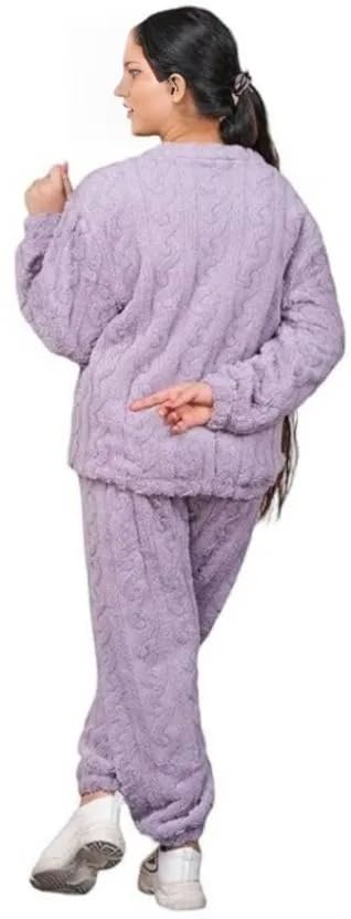 Image of Women's Fur Long Sleeve Nightsuit | Regular Fit Warm Top and Pyjama Set | Winter Wear Sweatpant Set for Women