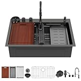 Sarlai Waterfall Kitchen Sink 30 Inch Black Drop In Kitchen Sink Topmount 16 Gauge Stainless Steel 30x22 Inch Single Bowl Multifuction Workstation Top Mount Sinks with Double Knob