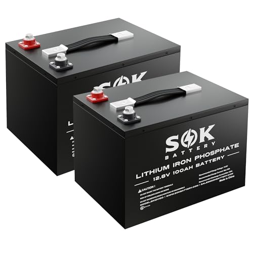 SOK Battery 100Ah 12V 2-Pack LiFePO4 Deep Cycle Lithium Iron Phosphate Batteries - Ideal for RVs & Off-Grid Use with Low-Temperature Protection.