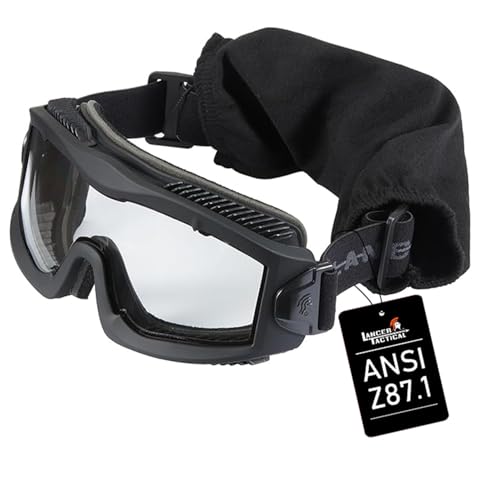 Lancer Tactical AERO 3mm Thick Dual Pane Lens Eye Protection Safety Goggle System ANSI Z87 1 Rated Industry Standard Panel Ventilated w/Anti-Scratch Shield Fully Adjustable (Black/Clear)