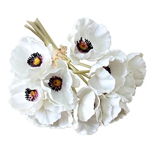 10 Stems Artificial Poppy Anemone Flowers Real Touch White Poppies Stems Fake White Anemone Bouquet Table Centerpiece Decor for Wedding Home Party