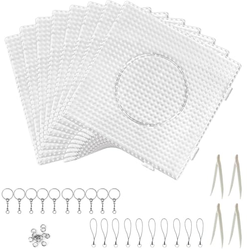 FENGCHUANG 8 Plaques de Perles de fer à Repasser Carrées et Transparentes Plaque Perle a Repasser Comprend 4 Pinces à épiler et 10 Porte-clés pour...