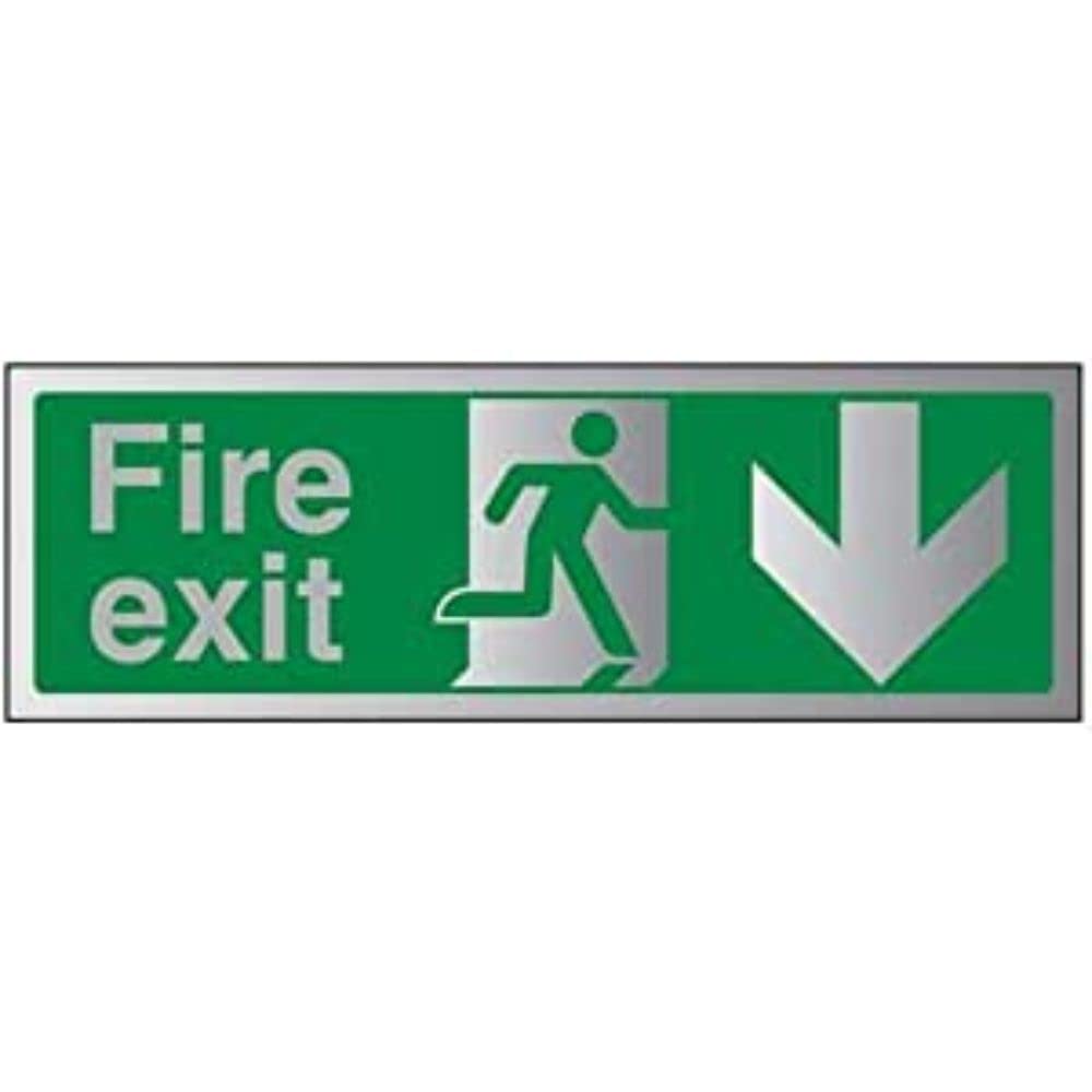 V Safety Fire Exit Arrow Down Sign - 450mm x 150mm - Self Adhesive Alu Effect
