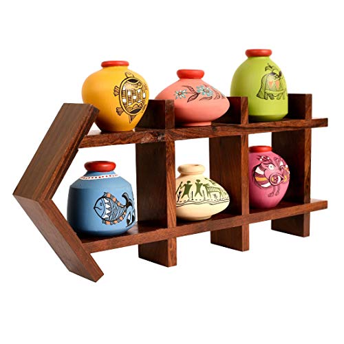 Image of AAKRITI ART CREATIONS Ladder Wall Decor 6 Colored Handcrafted Madhubani Pots | Wooden Shelves Hanging with Terracotta Vases | Matte Finish Decorative Wall Art for Living Room, Entryway & Gifting