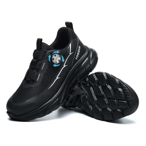FOGOIN Zapatos de seguridad para hombre y mujer, S3, ligeros, con puntera de acero, Explorer 3.0, deportivas, cómodas y transpirables, cierre de botón giratorio, A267 Negro, 39 EU
