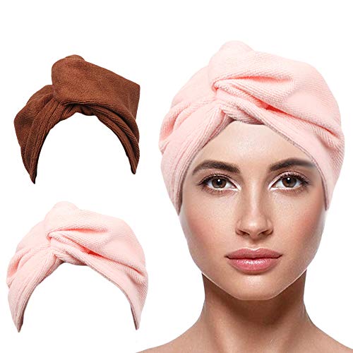 FOVIUPET 2 Pack Microfiber Hair Towel Wrap for Women, 10x26 inch Super Absorbent Hair Wrap Quick Dryer Hair Drying Towel for Drying Curly, Long & Thick Hair, Hair Turban for Bath Spa (coffee+pink)
