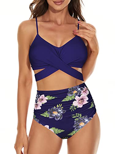 Image of Women Bikini Sets High Waisted Swimsuit String Halter Bathing Suits for Women Two Piece Swimwear, Navy Floral Print, 10-12
