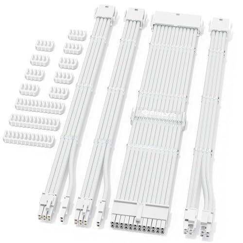 White PSU Kit, Modular Extensions PC Power Supply Cables Extension Mod – 1x 24Pin ATX /1x 8 (4+4) Pin EPS /2x 8 (6+2) PCIE Extension Cables Nylon Braided Cables Modular PSU Extensions