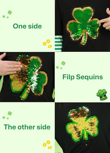 Image of Unisex Kid's St Patrick's Day Shamrock Top Striped Patchwork Irish Clover Long Sleeve Shirt 4-14 Years