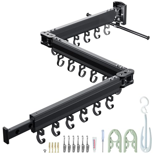 Wall Mounted Clothes Drying Rack, Space Saving,Triple Foldable, Retractable Clothes Airer with Extension Pole, Aluminium Clothes Dryer Rack with 18 Hooks, For Balcony, Laundry(Black-Single Hook )