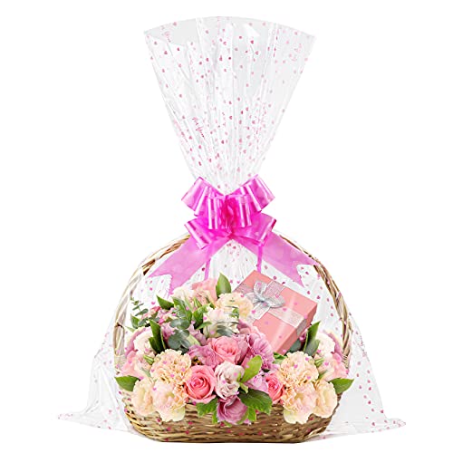 Yotelab Large Cellophane Bags, Pink Heart Clear Wrap for Gift Basket, 22x33 Inches,10 Pieces Cellophane Gift Bags