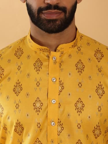 Image of KRAFT INDIA Men's Cotton Blend Geometric Printed Straight Long Regular Kurta and Elastic Waistband Pyjama Set