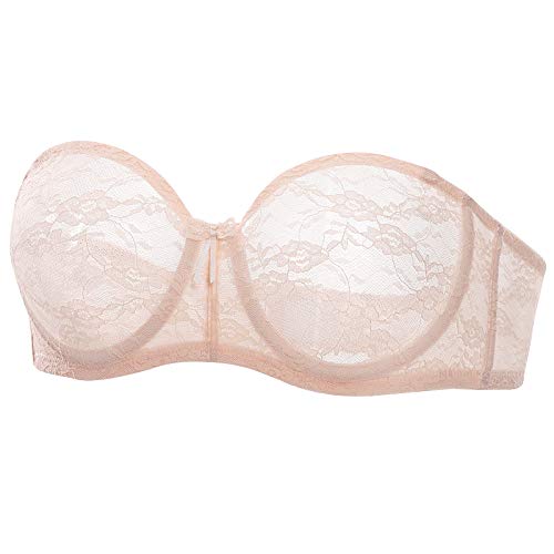 Dobreva Women's No Padding Strapless Lace Bra Underwire Multiway See-Through Apricot Pink 38C #TOP17