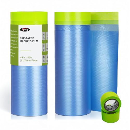 Image of Pre-Taped Masking Film for Painting - 44 inch x 66' Plastic Sheeting with Automotive Paint Tape, Easy Tear, No Residue - Painter's Tape and Drape for Car, Wall, Window & Furniture Protection