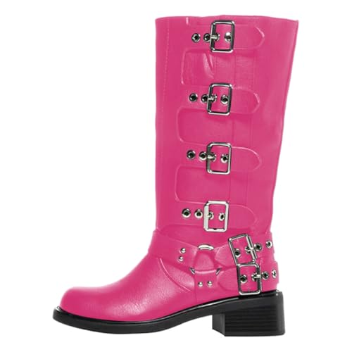 FOWT Women Round Toe Knee High Boots Chunky Low Heel Riding Boots Strappy Buckle Stylish Daily Shoes Size 4-16 US3