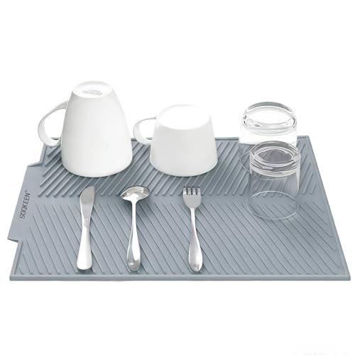 SOQKEEN Alfombrilla Escurreplatos de Silicona 50x40 cm Tamaño Grande con Boquilla de Drenaje, Escurridor Antideslizante para Fregadero y Encimera Cocina, Resistente al Calor y Plegable, Gris Claro
