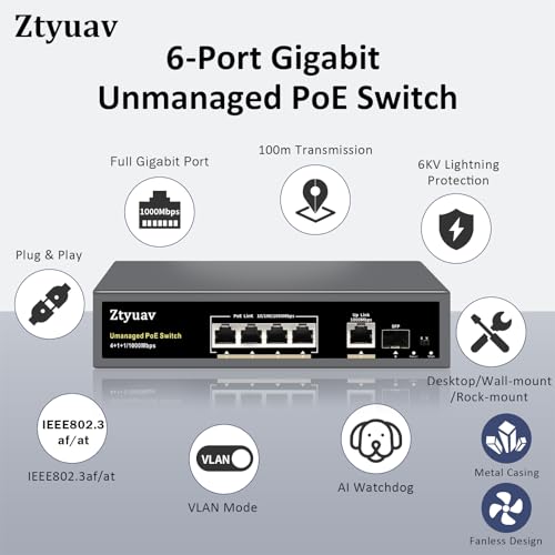 Image of 6-Port Full Gigabit Unmanaged PoE Switch with 4 PoE+ Ports @75W, 1 Uplink and 1 SFP Slot-IEEE802.3af /at, PD Auto-Detection, VLAN Mode, 6KV Protection, Metal Fanless Plug and Play