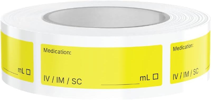 Blank Veterinary Syringe Labels | Yellow Write-On Medication Safety Labels with Route, Volume & Checkbox Fields | Roll of 500 for Vet Clinics, ICU, Surgery & Anesthesia