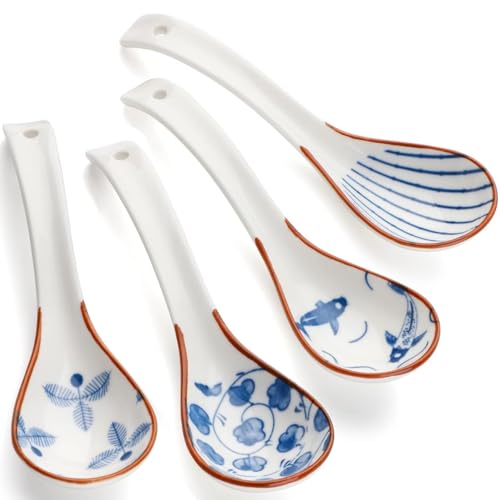 4 PCS Soup Spoons 6.3 Inches Japanese Spoon Ceramic Spoons Asian Soup Spoon Ramen Spoons Porcelain Chinese Soup Spoons for Ramen Pho Cereal Wonton Dumpling Miso-Set of 4