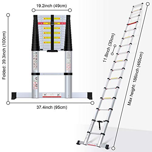 WolfWise 15.5FT Aluminum Telescoping Ladder with Stabilizer, Telescopic Extension Ladder 330 Pounds Capacity