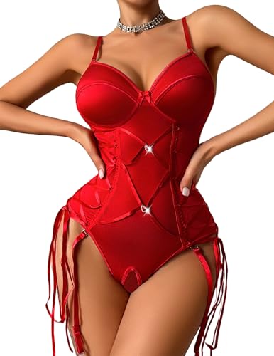 Avidlove Lingerie for Women Red Corset Bodysuit One Piece Bodysuit Teddy Babydoll Valentines Lingerie